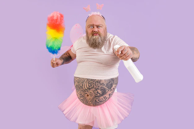 funny-mature-male-person-with-overweight-fairy-costume-with-duster-spray-bottle-poses-purple-background-studio_362389-4656